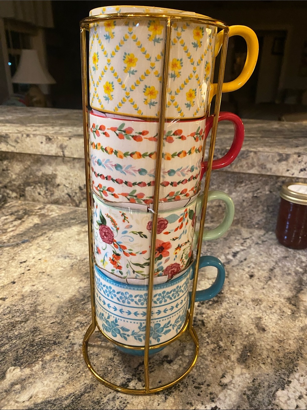 Pioneer Woman Floral Ceramic Mug Set with Gold Stand -unused